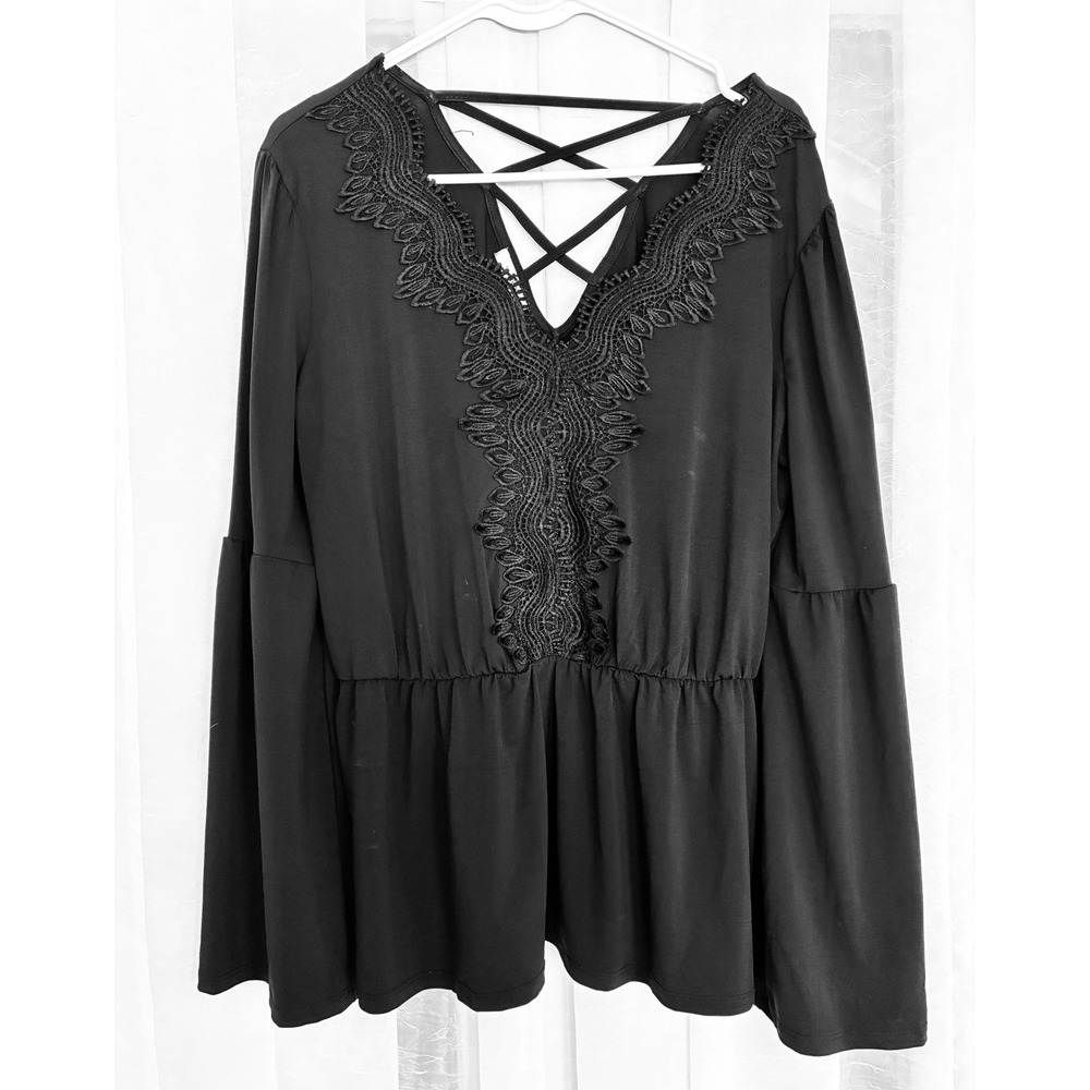 Maurices Black Lace V-Neck Bell Sleeve Strappy Back Peplum Top Boho Goth